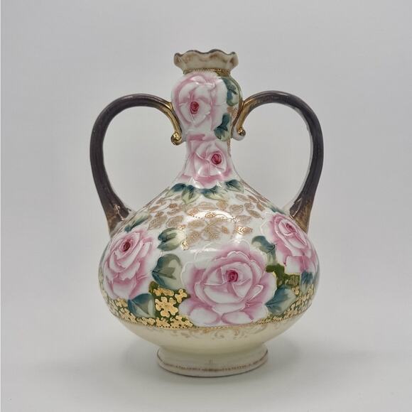 Antique Nippon Pink and Gold Porcelain Vase with Elegant Floral Accents & Gilt - Picture 7 of 12